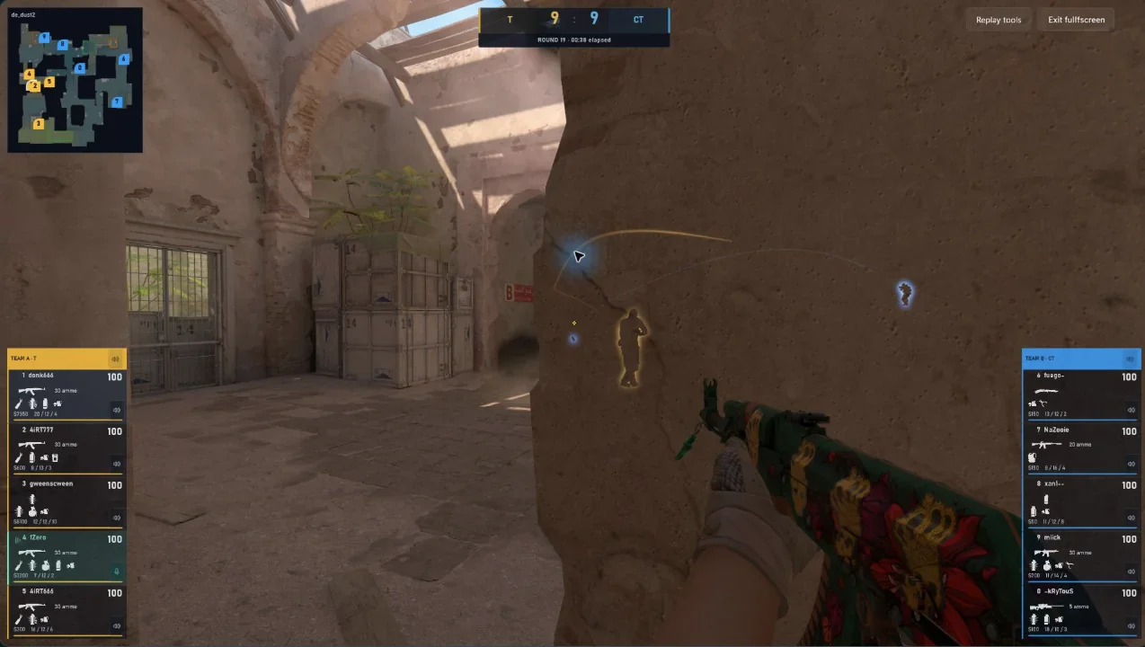 Demo Trace showing donk666 on Dust2 with the radar, round score and all ten living players visible in the HUD