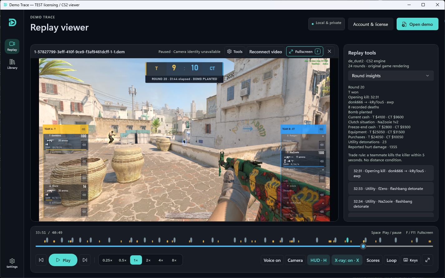 Demo Trace reviewing a CS2 round with player perspectives and match information alongside live replay