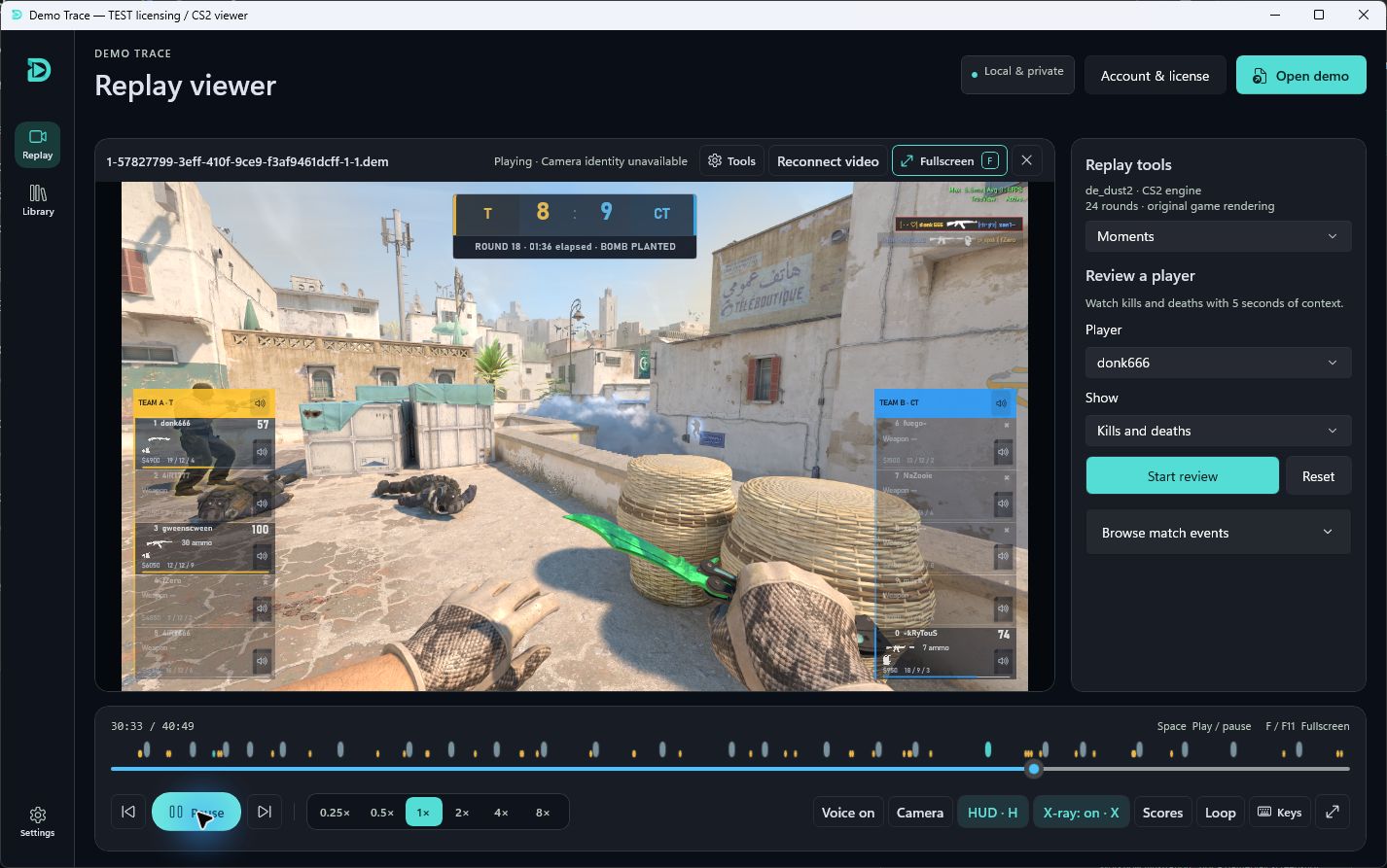 Real CS2 demo playback in the Demo Trace Windows workspace